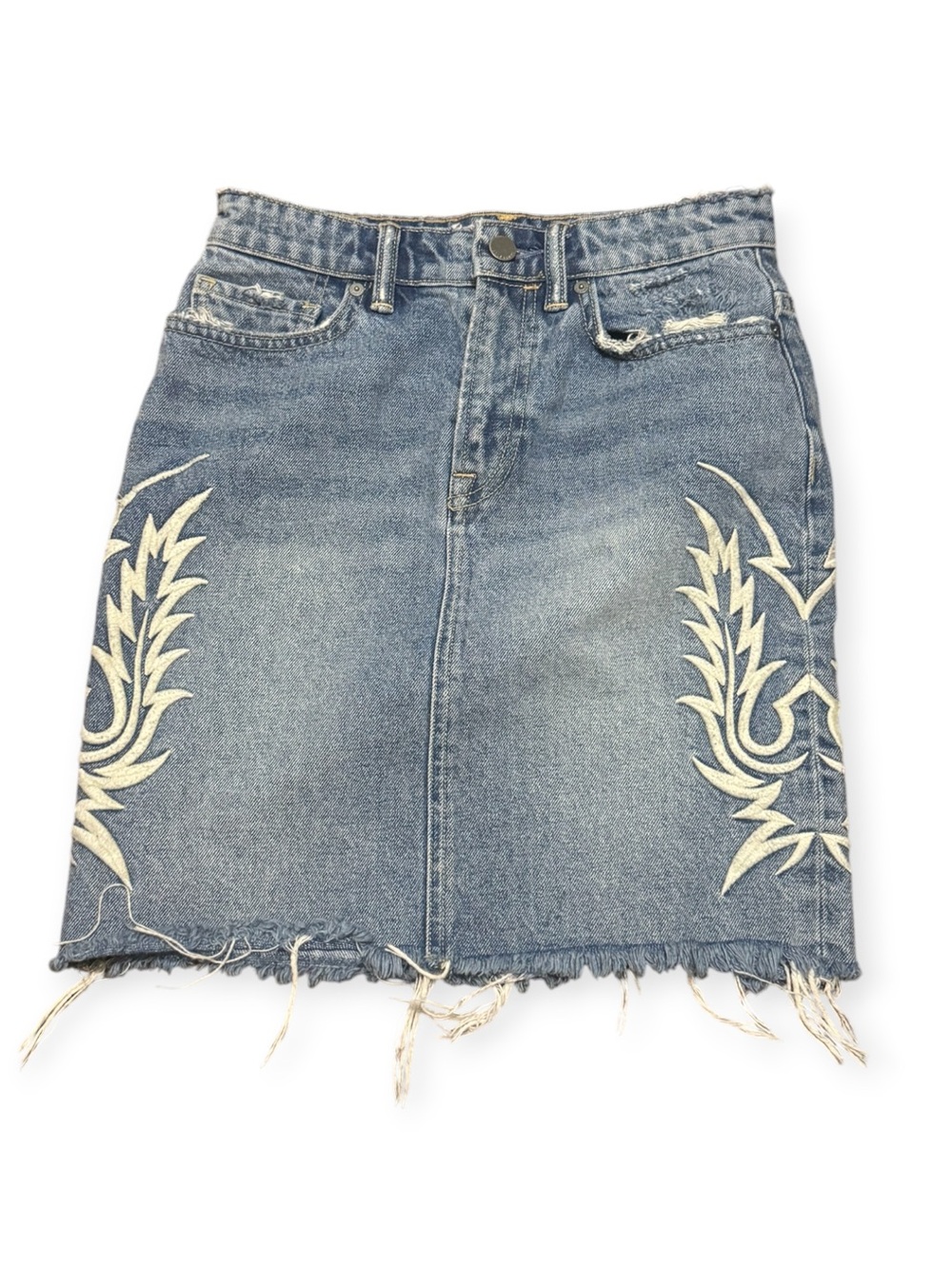 All Saints Denim Embroidered Skirt Size 2 Fringe Boho Whimsy